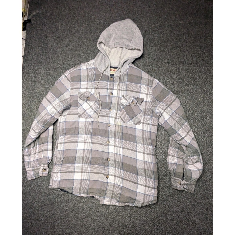 Wrangler Men's Flannel Hoodie Sweatshirt M Gray Plaid Button Up Warm Jacket